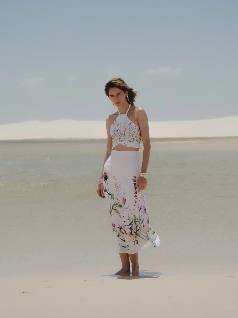 White Floral Halter SET Midi Skirt - Women